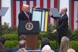 U.S. President Donald Trump and Secretary of Commerce Howard Lutnick unveil the countries listed for "reciprocal" tariffs on Wednesday, April 2, 2025.
