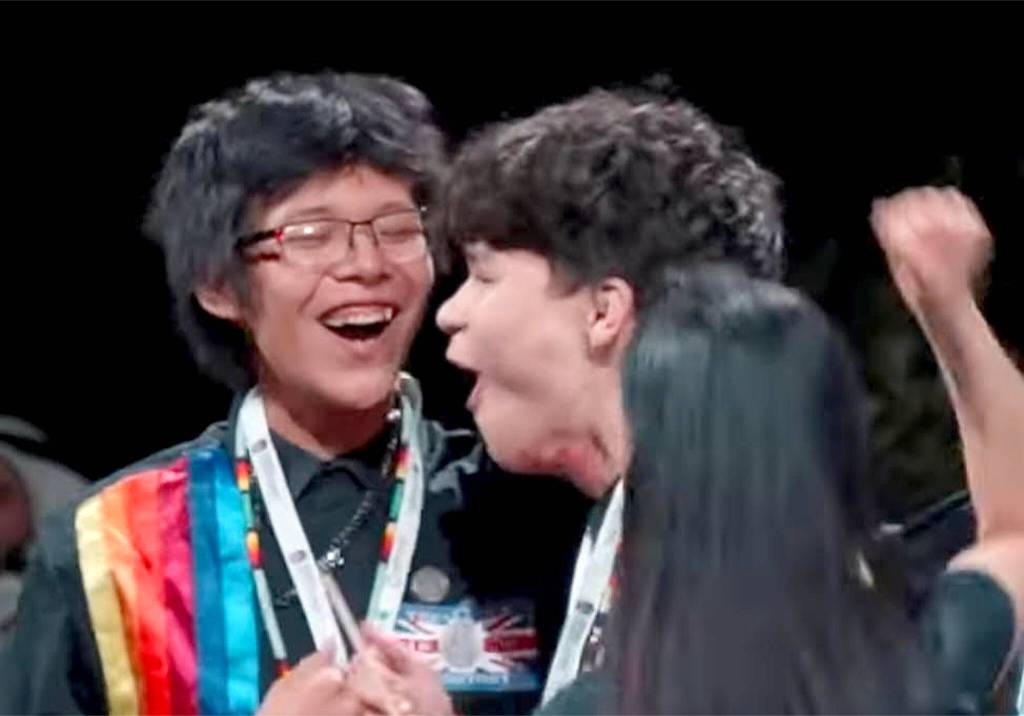 Kenyon Bull and Elias Mykat, students at Mamawi Atosketan Native School, react to hearing they&rsquo;d won their category at the 026 Zayed Sustainability Prize awards ceremony in Abu Dhabi on Jan. 13. (Photo submitted)