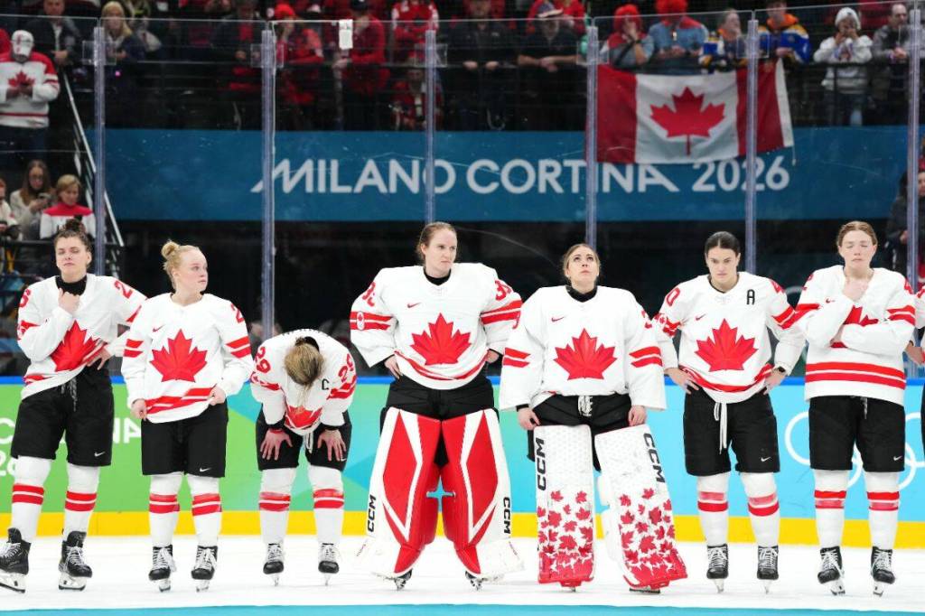 Team Canada reacts following their loss to Team USA in the gold medal game of Women&rsquo;s Ice Hockey at the Milano Cortina 2026 Olympic Winter Games in Livigno, Italy on Thursday, February 19, 2026. Photo by Leah Hennel/COC MANDATORY CREDIT